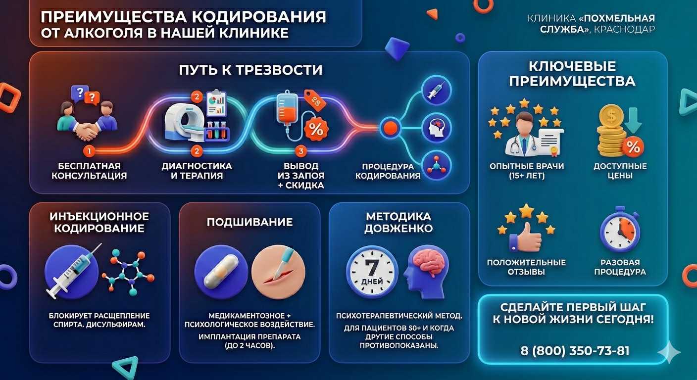 Инфографика о методах кодирования от алкоголя в Лодейном Поле: инъекции, подшивание, метод Довженко. Преимущества клиники и этапы лечения.